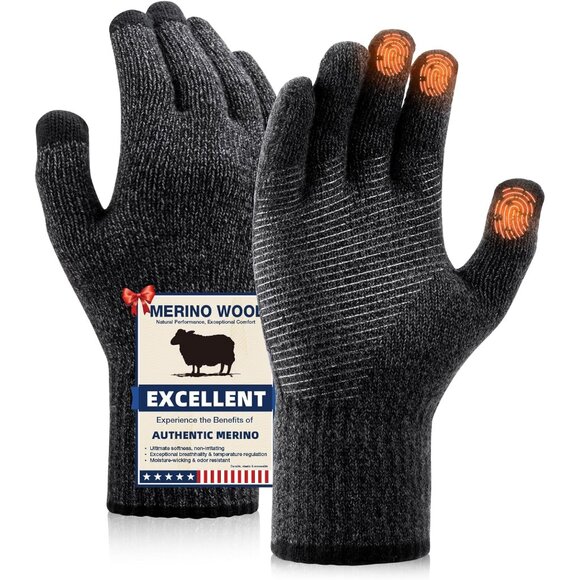 Merino Wool Gloves for Men Women Touch Screen Warm Anti-Slip Glove Liners Therma